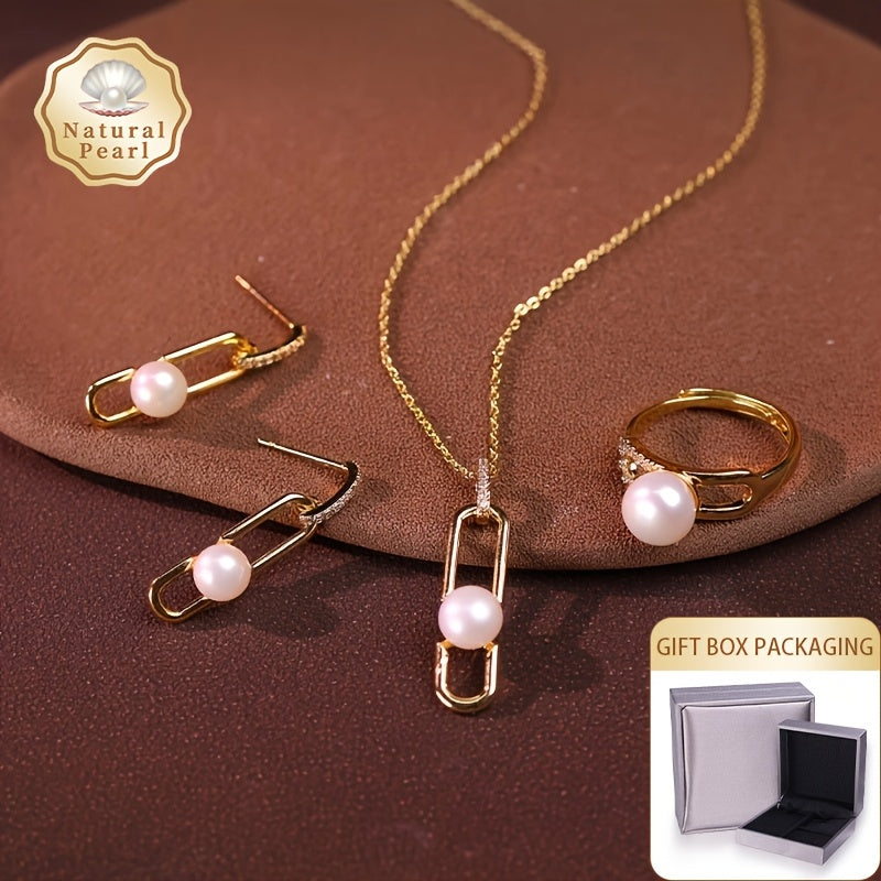 Women's Pearl Jewelry Set Necklace Earrings Ring Cubic Zirconia Gift Box