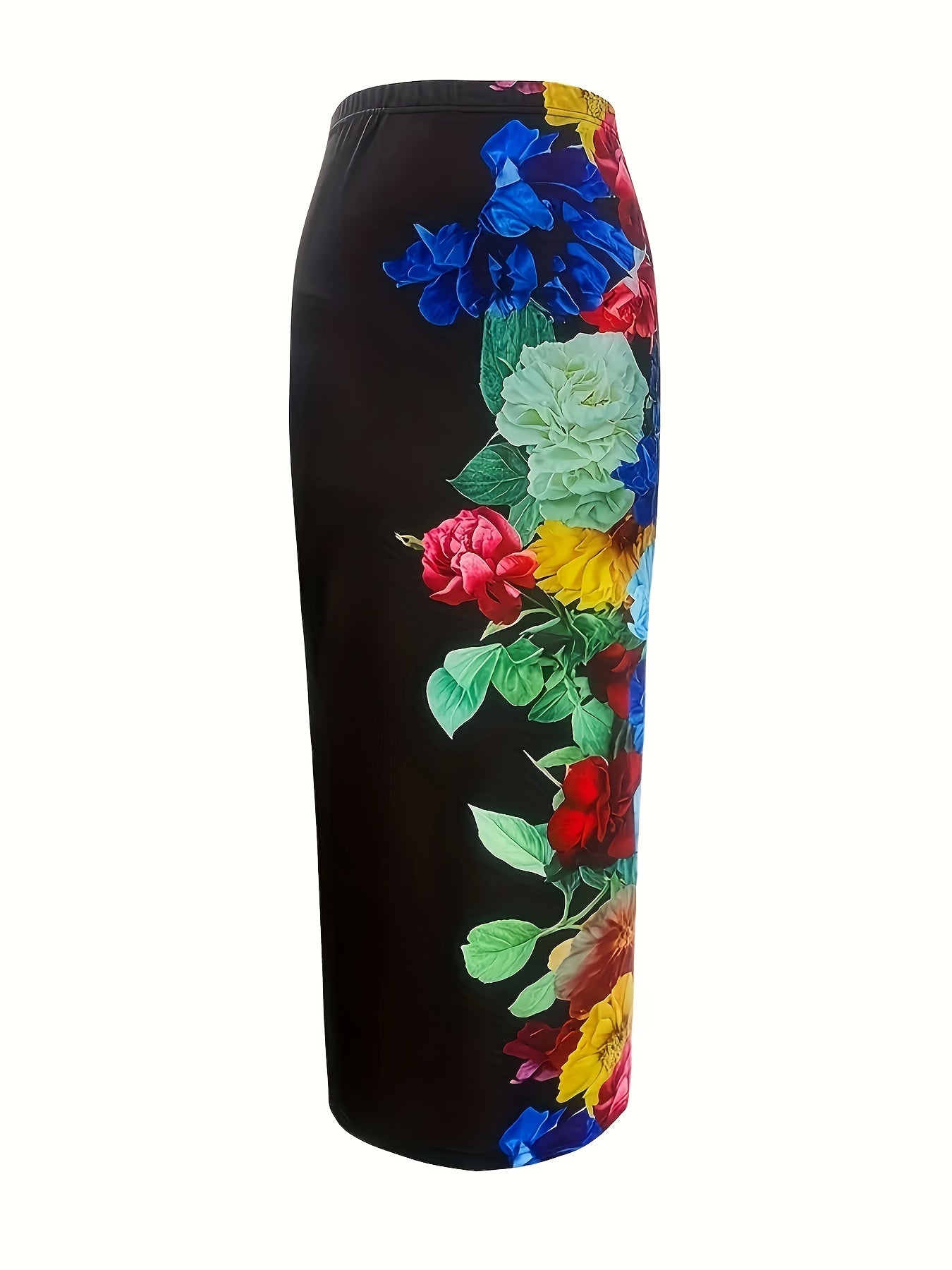 Plus Size Floral Print Bodycon Midi Skirt Stretchy Pencil Skirt All-Season