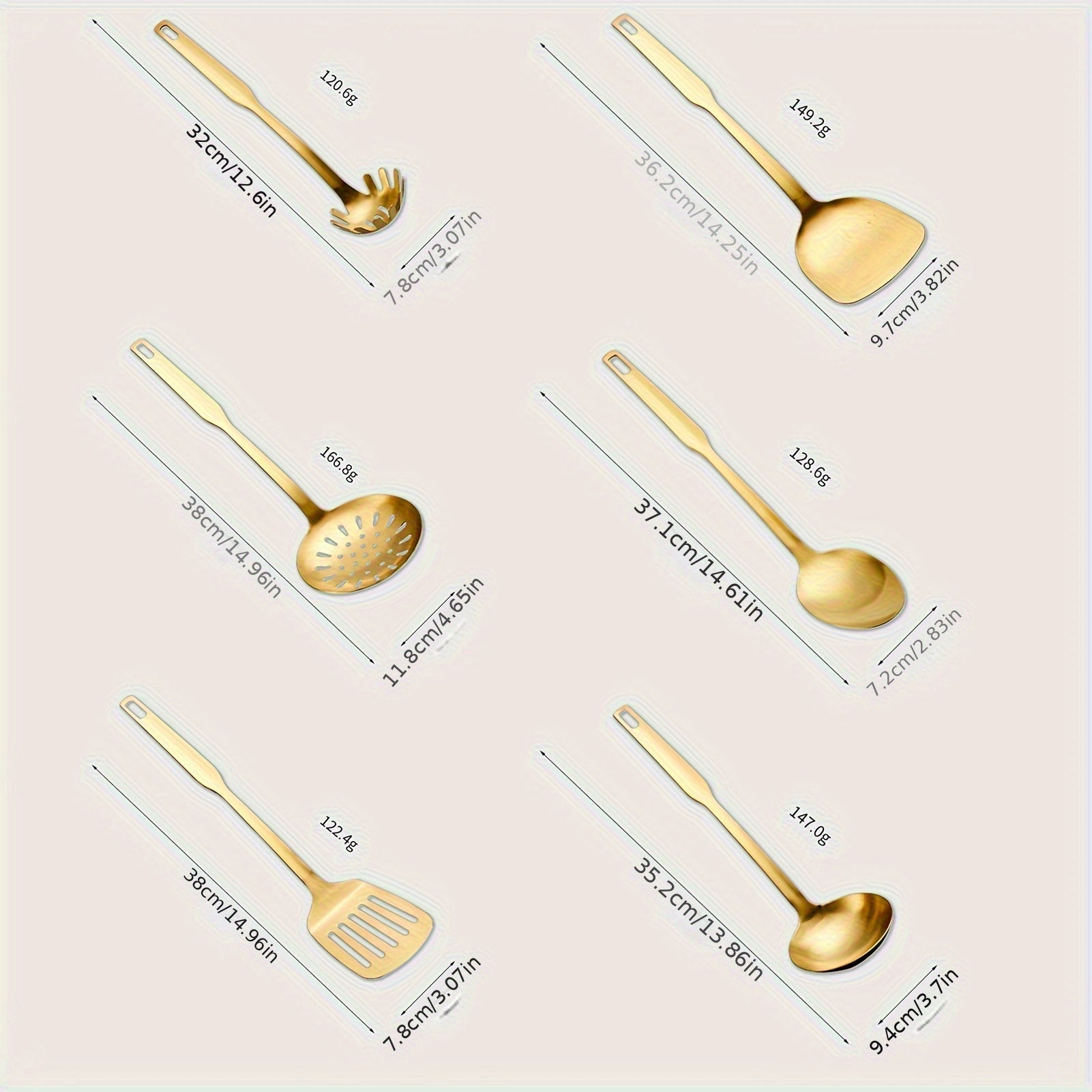 Set of 6 Stainless Steel Kitchen Utensils Non-Magnetic Rust-Resistant Matte Finish