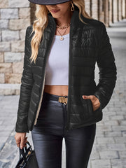 Women's Solid Color Nylon Warm Jacket with Long Sleeves and Zipper