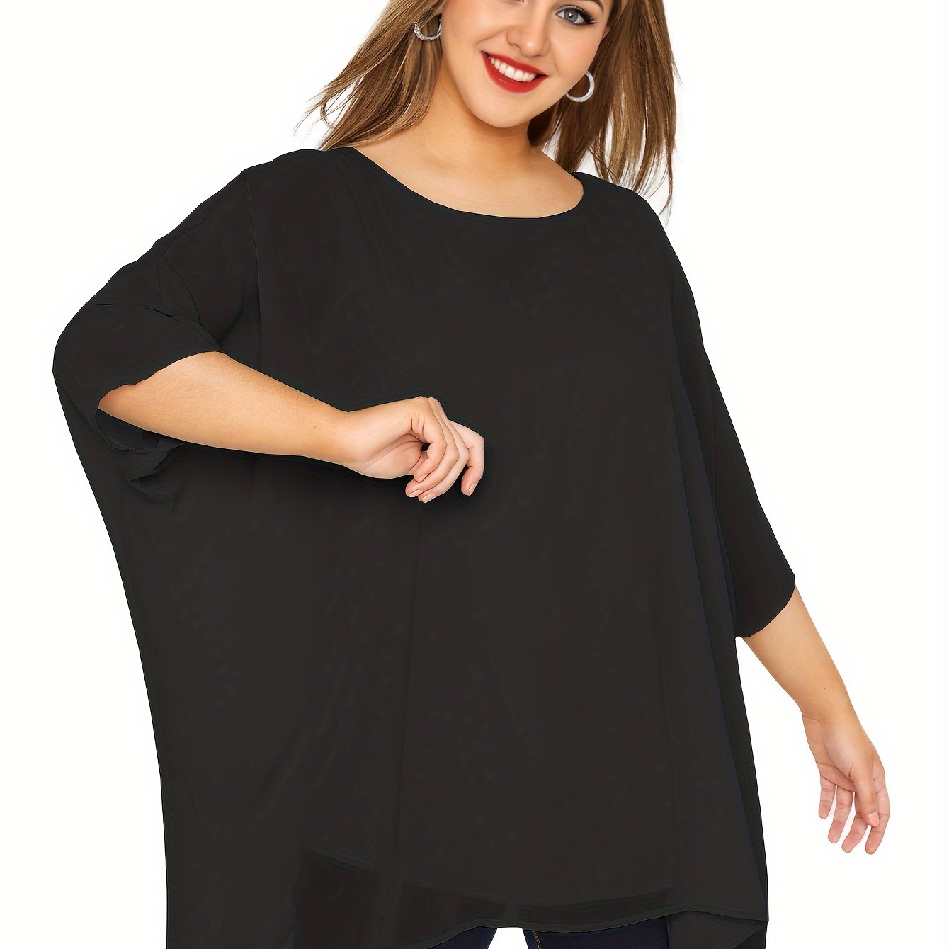 Plus Size Women's Batwing Sleeve Casual Crew Neck Solid Top