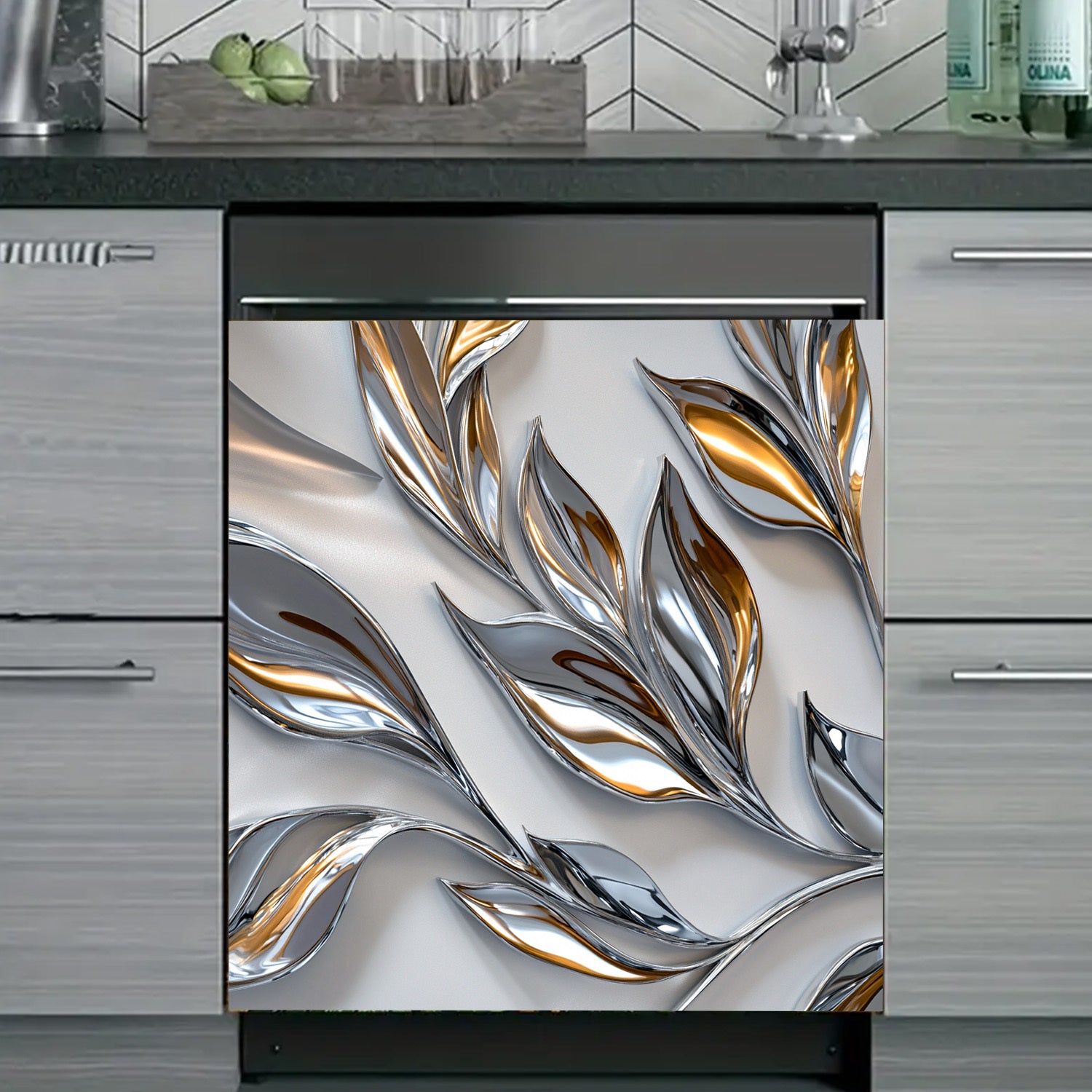 Cubierta de imán para lavavajillas con patrón de hoja de plata y oro, resistente al agua, a prueba de calor, decorativa de paneles metálicos