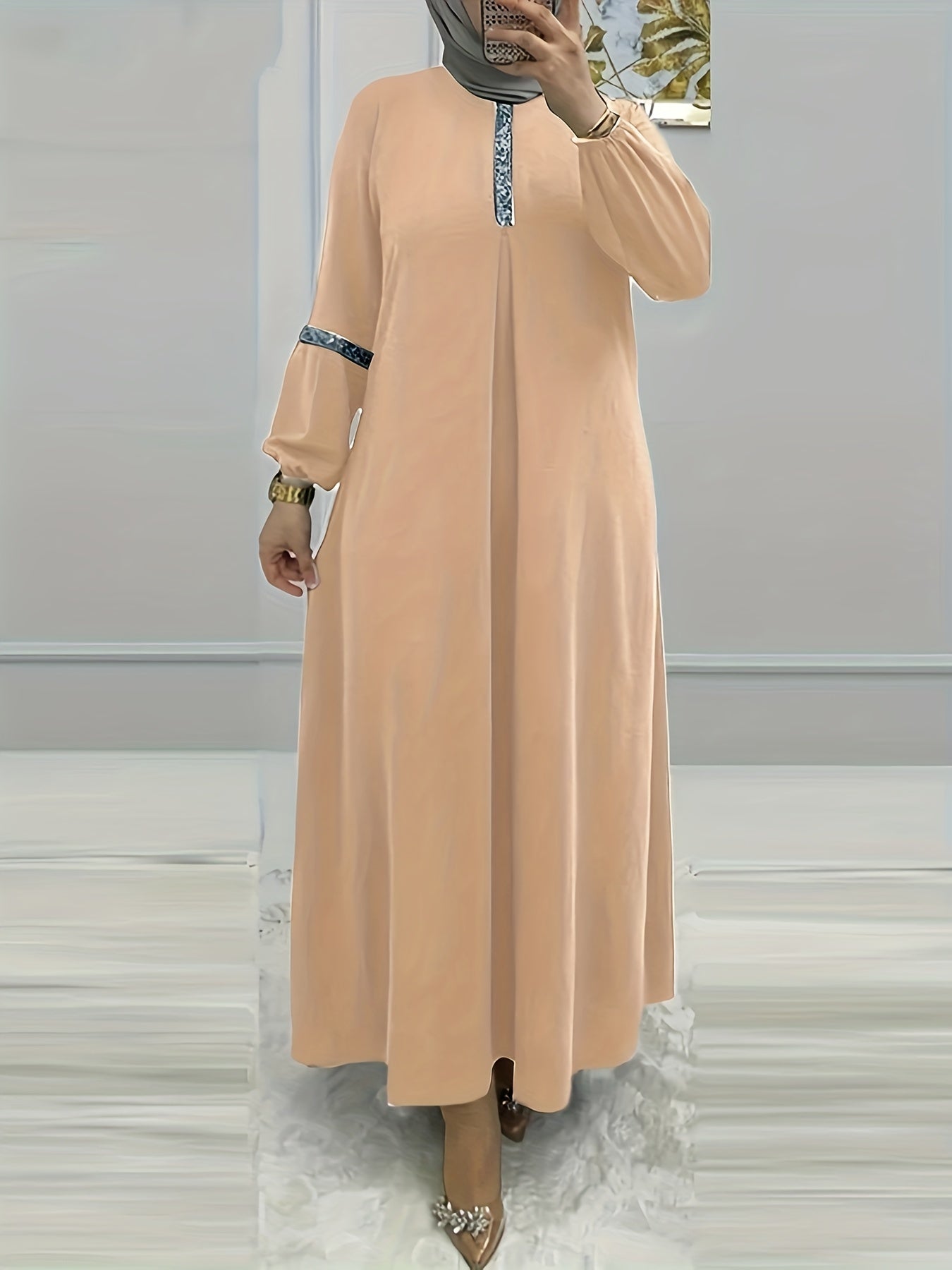 Women's Sequin Kaftan Dress Long Maxi Casual Solid Polyester Long Sleeve