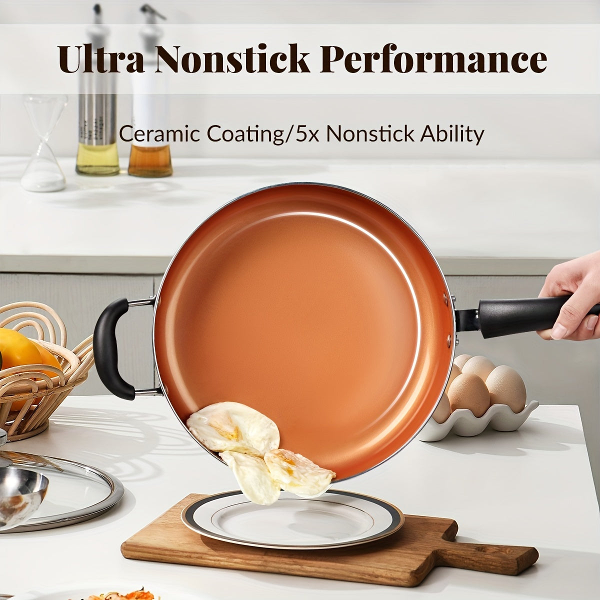 Katta yopishqoq chuqur qovurish panasi - 30.48 sm, induksiya bilan mos, 5Qt qovurish panasi qopqoq bilan, keramika qoplamasi, yordamchi tutqich, 100% PFOA PFOS APEO dan ozod - Sog'lom ovqat tayyorlash