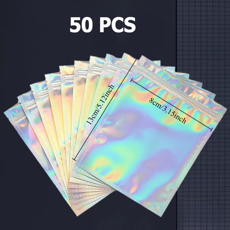 Голографические застежки-молнии с прозрачными окнами - упаковка из 50 штук - герметичное, запахонепроницаемое решение для хранения косметики, ювелирных изделий и мелких предметов - идеально подходит для малого бизнеса и организационного использования