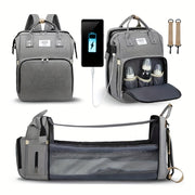 Gray Nylon Diaper Backpack with Insulated Bottle Pocket Charging Port and Mesh Side Pocket Spacious Travel Organizer
