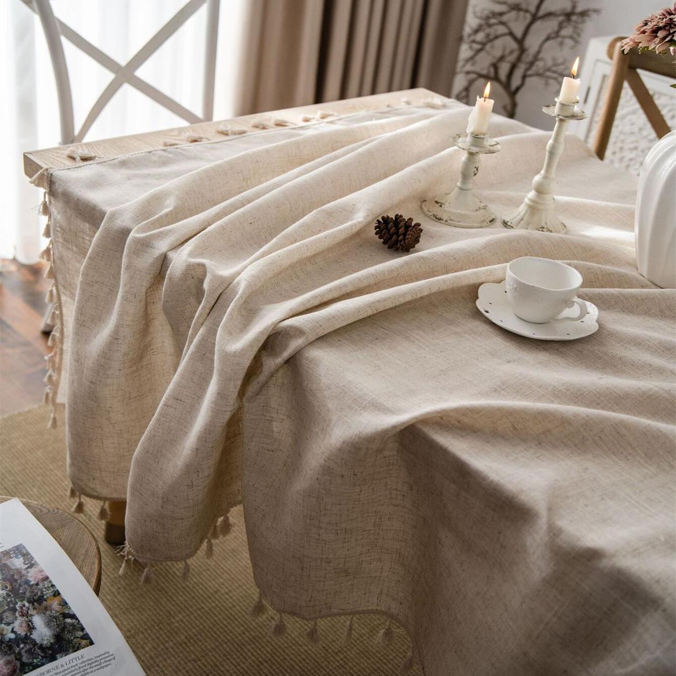 Beige Linen Farmhouse-Style Tablecloth with Fringed Edges for Holidays and Events