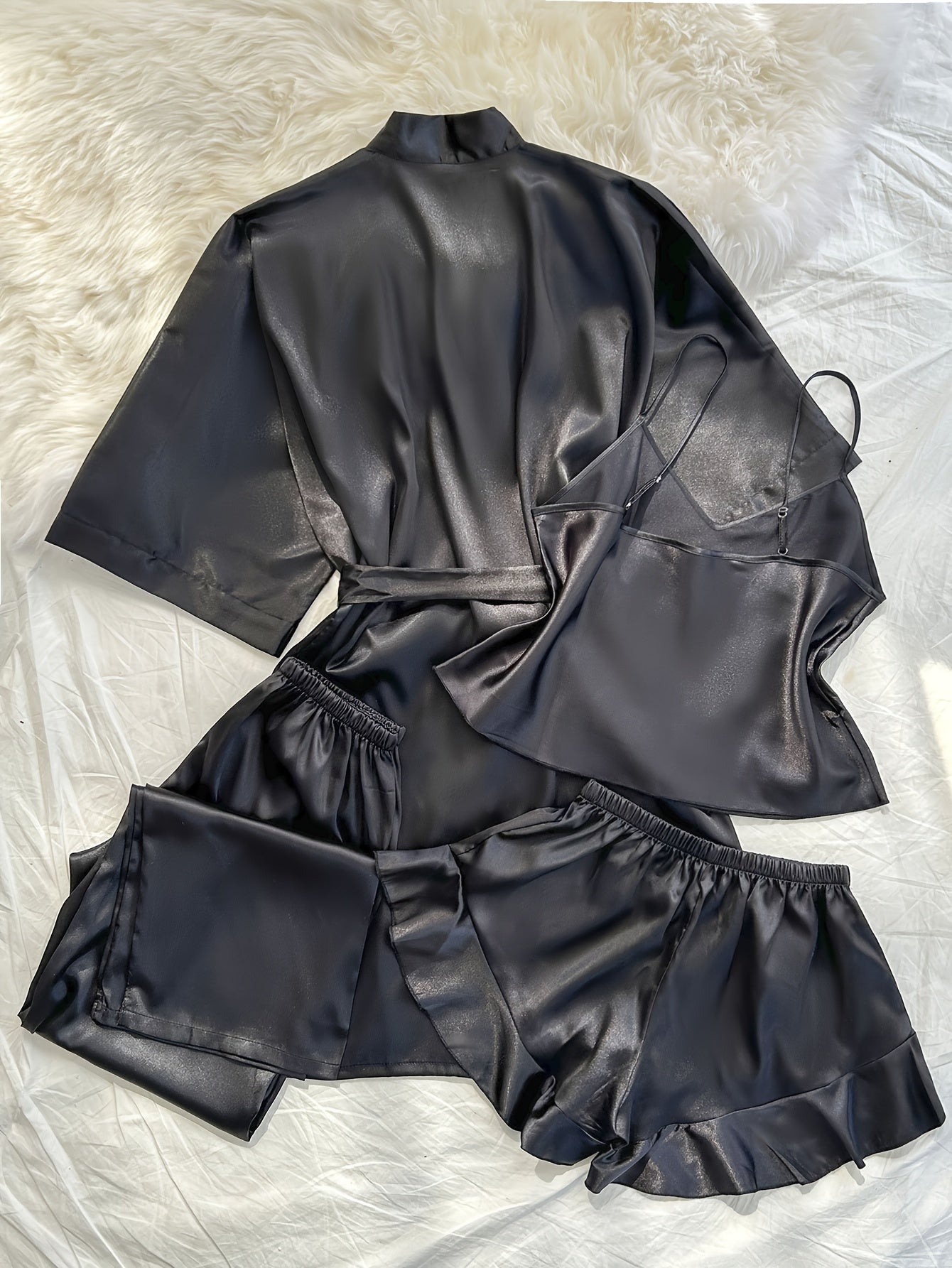 Women's V-Neck Sleepwear Set with Long Pants 4 Pieces Polyester Solid All-Season