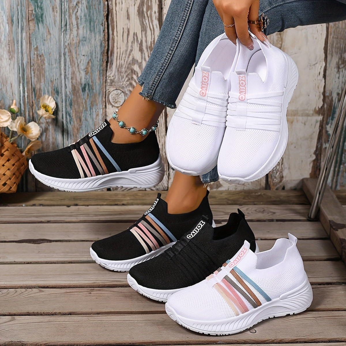Women's Slip-On Sneakers White Black Casual Summer Shoes