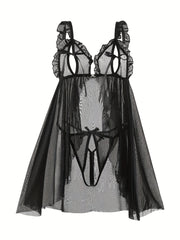 Women's Sheer Mesh Nightgown with Bow Detail Polyester Elastane Light Support Sleepwear