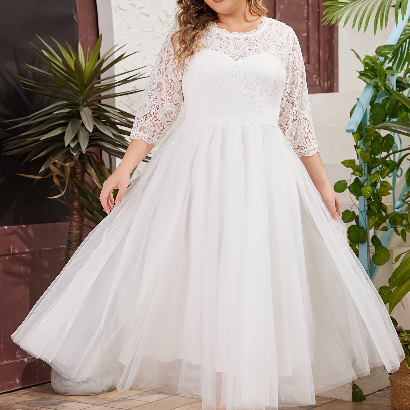 Plus Size Wedding Dress with Lace Trim A-Line Gown Long Sleeve Tulle Overlay