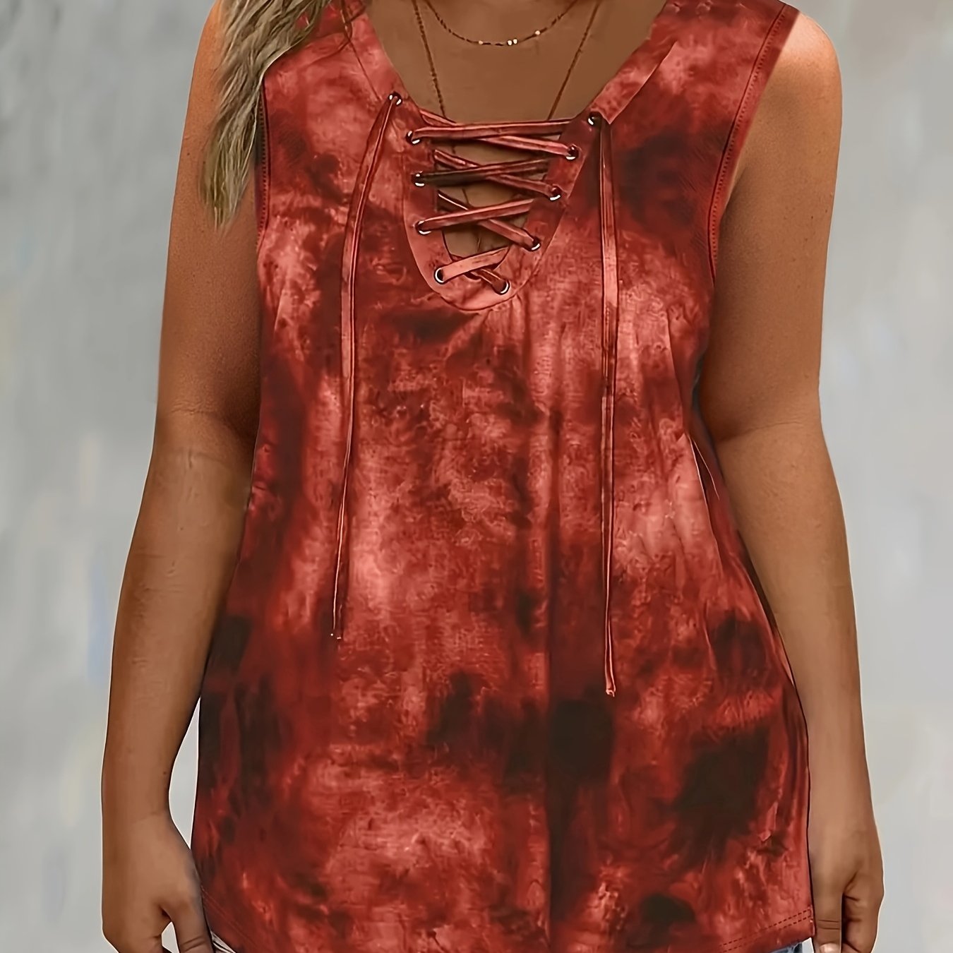 Women's V-Neck Sleeveless Tie-Front Top Red Abstract Print Summer Casual Beach Wear