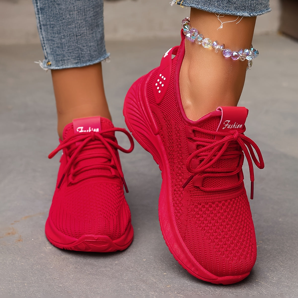 Women's Breathable Knit Sneakers Lightweight Casual Running Shoes Beige White Red