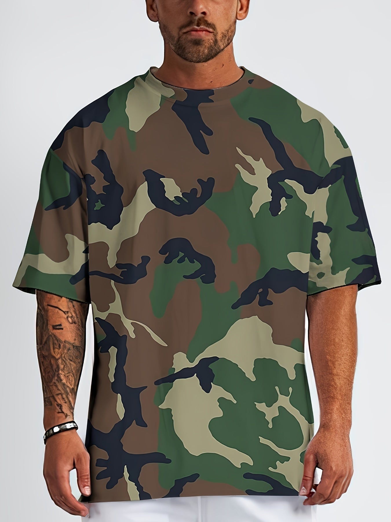 Men's Camo Print Summer Shirt Short Sleeve Breathable Polyester Casual Round Neck