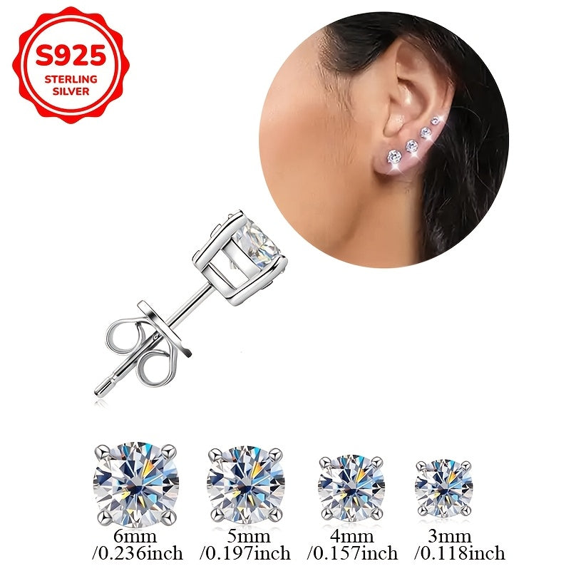 Sterling Silver Stud Earrings for Women with White Cubic Zirconia 3-6mm 0.1-0.8CT