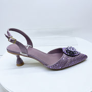 Women Purple Pointed Toe Flare Heel Shoes with Rhinestones for Weddings