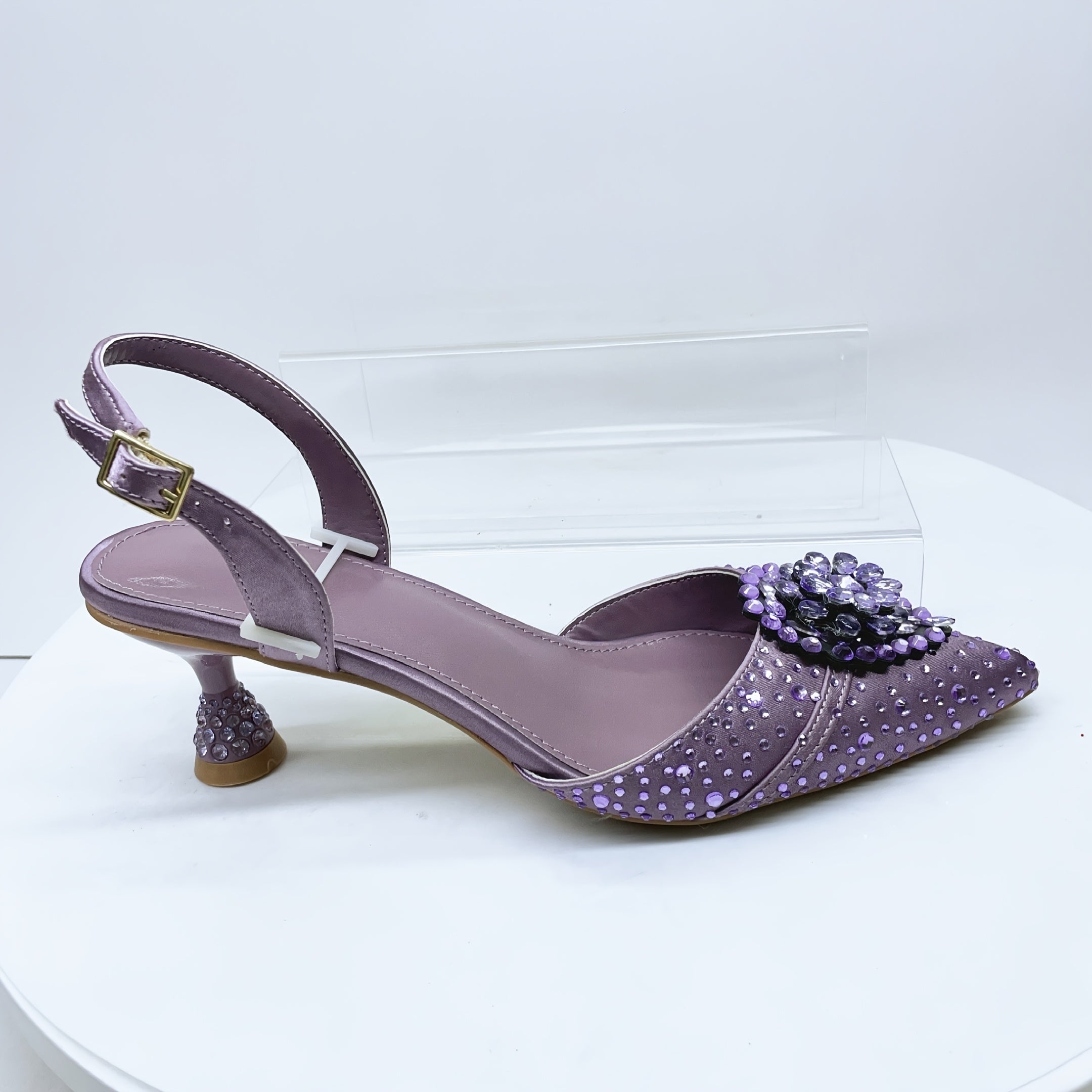 Women Purple Pointed Toe Flare Heel Shoes with Rhinestones for Weddings