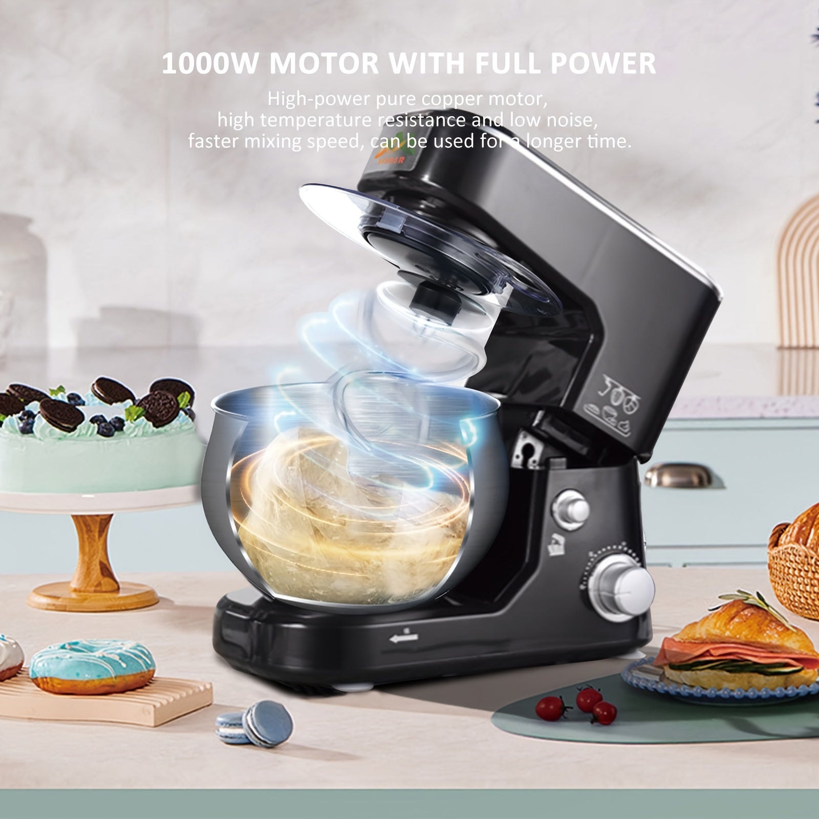 1000W Tilt-Head Electric Stand Mixer with Bowl Dough Hook Whisk Beater for Baking