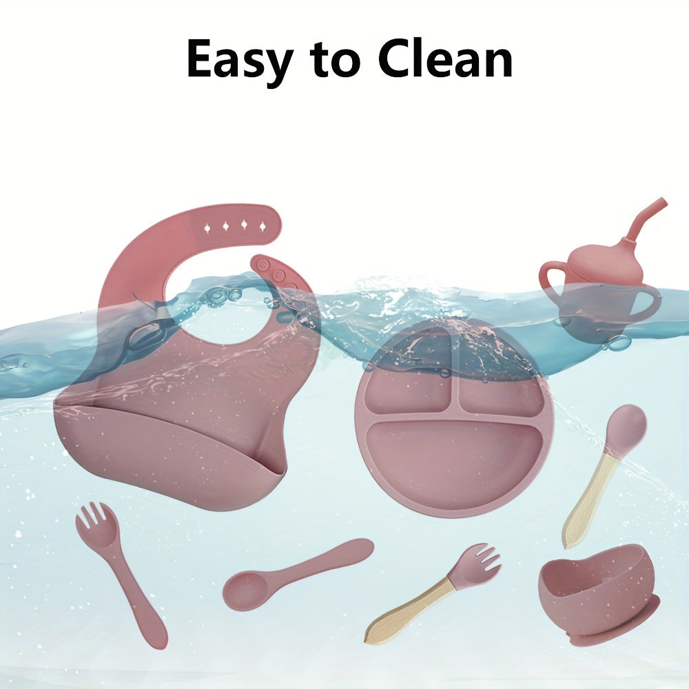 8-Piece Silicone Toddler Feeding Set Non-Toxic BPA-Free Suction Plates Bibs Straw Cups Utensils
