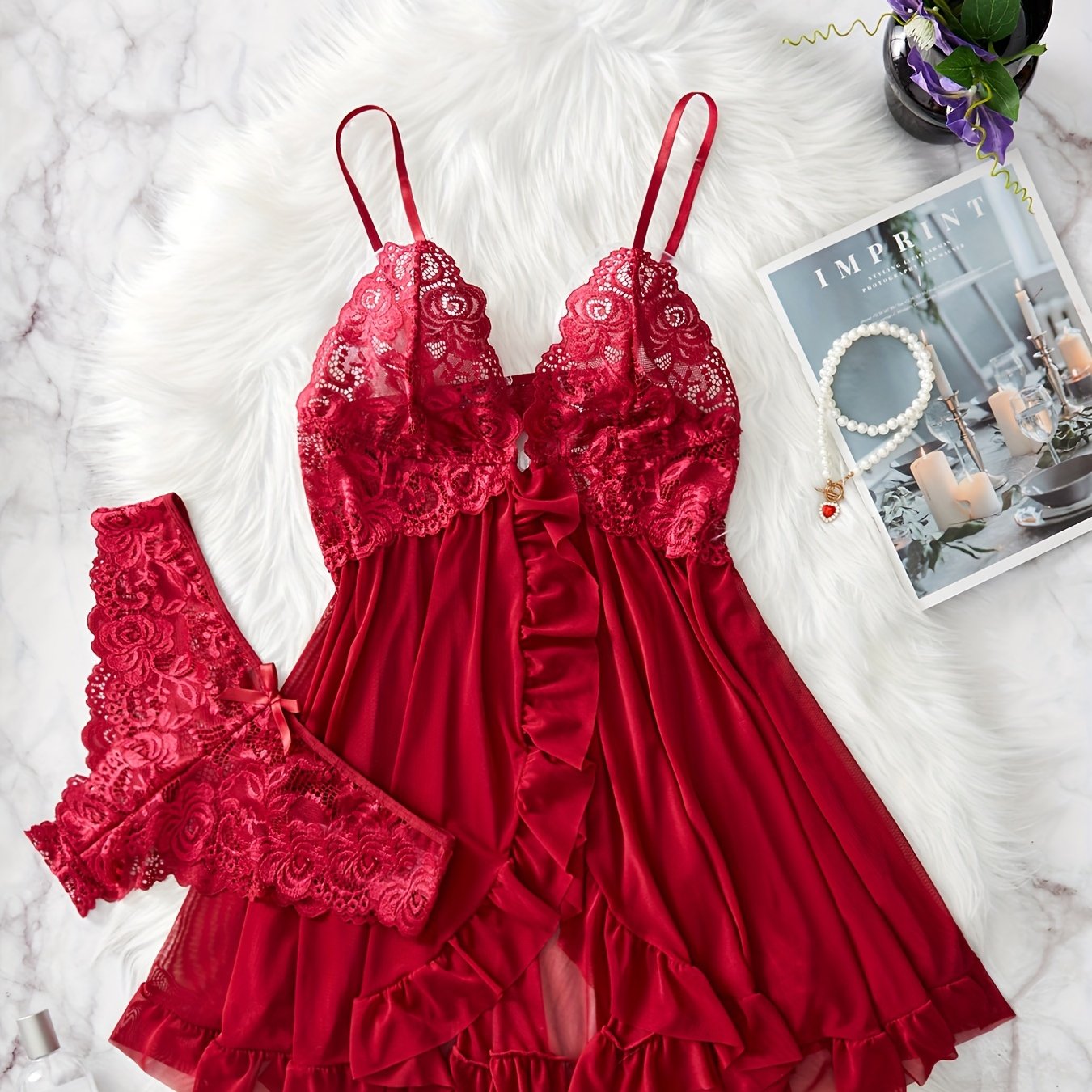 Women’s Lace Ruffle Lingerie Set with Deep V Slip Dress and Thong
