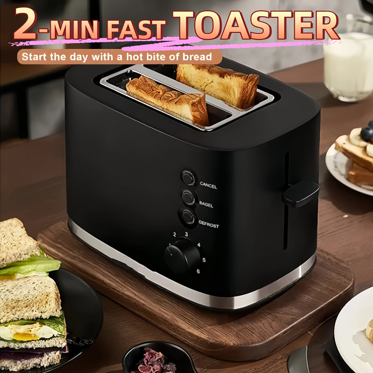 Тостер на 2 ломтика с широким отверстием, 6 уровней обжарки, съемный поддон для крошек