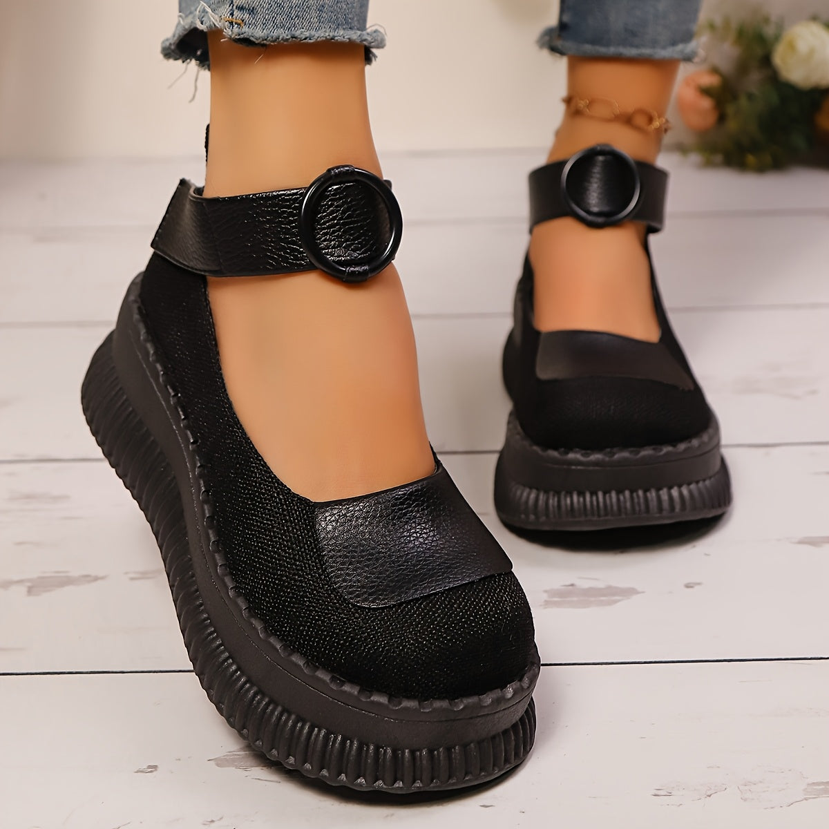 Women's Beige Black Vintage Flats Casual Shoes Round Toe Ankle Strap