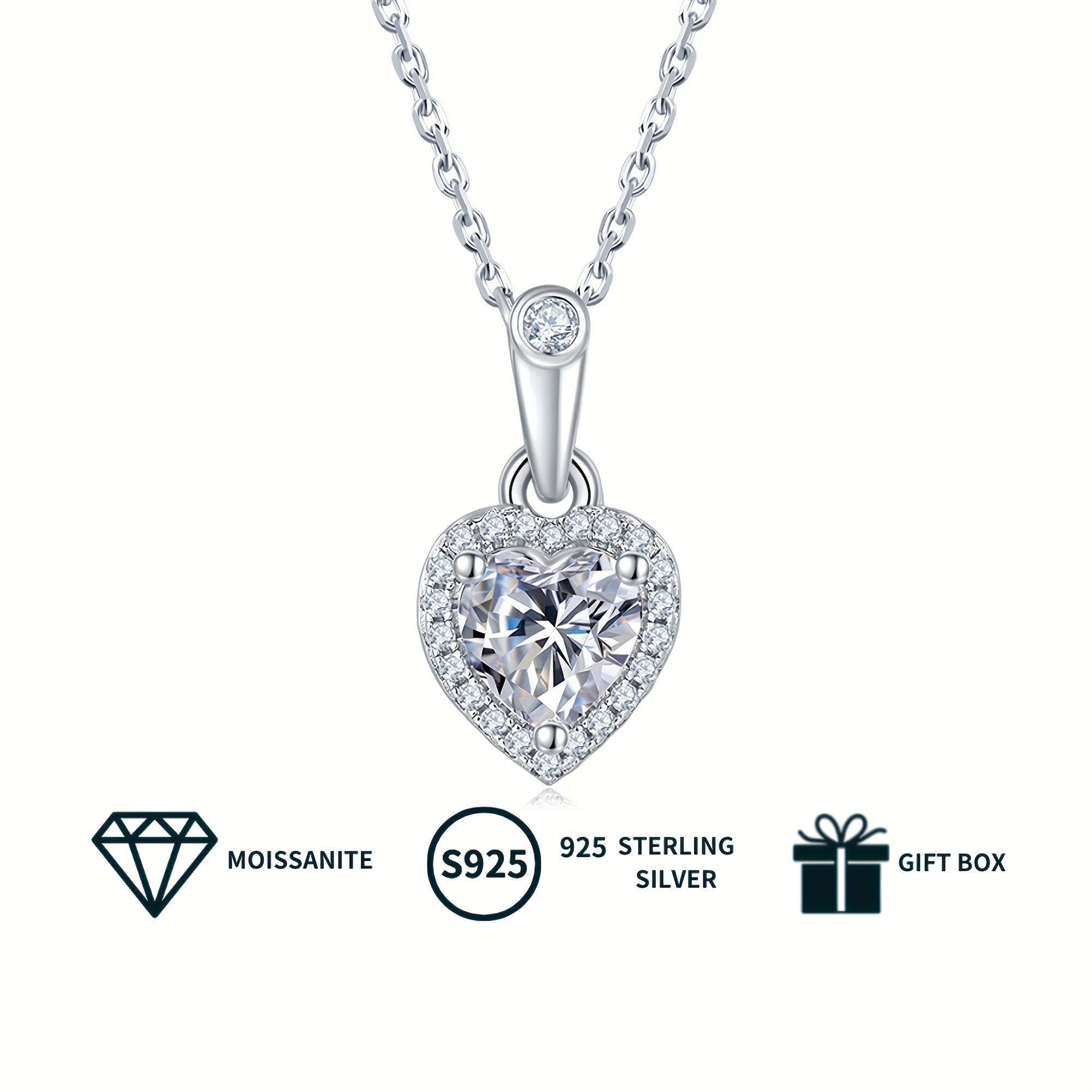 Women's Jewelry Set with Heart-Shaped Silver Earrings and Moissanite Necklace