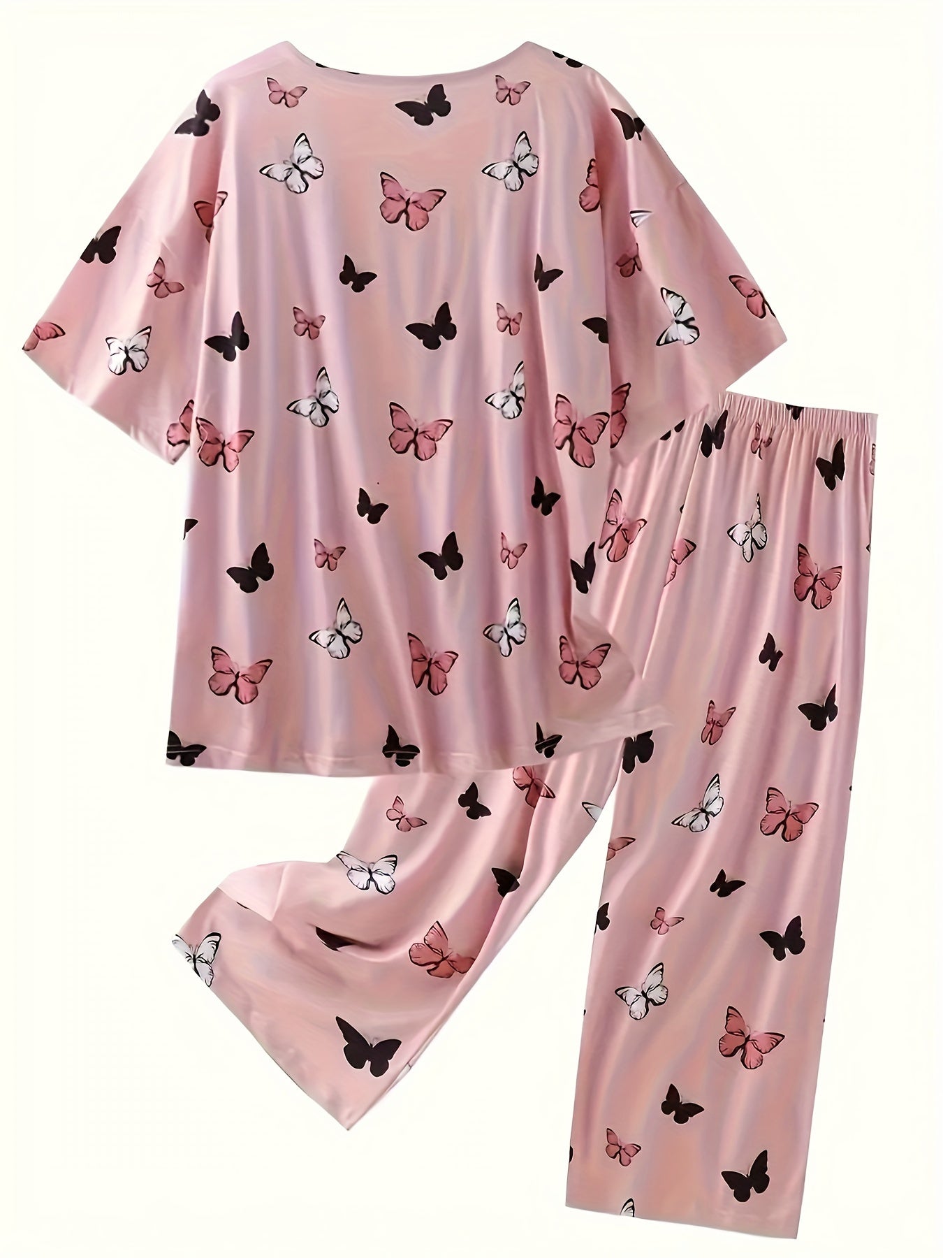 Plus Size Butterfly Print Short Sleeve Pajama Set Two-Piece Combo