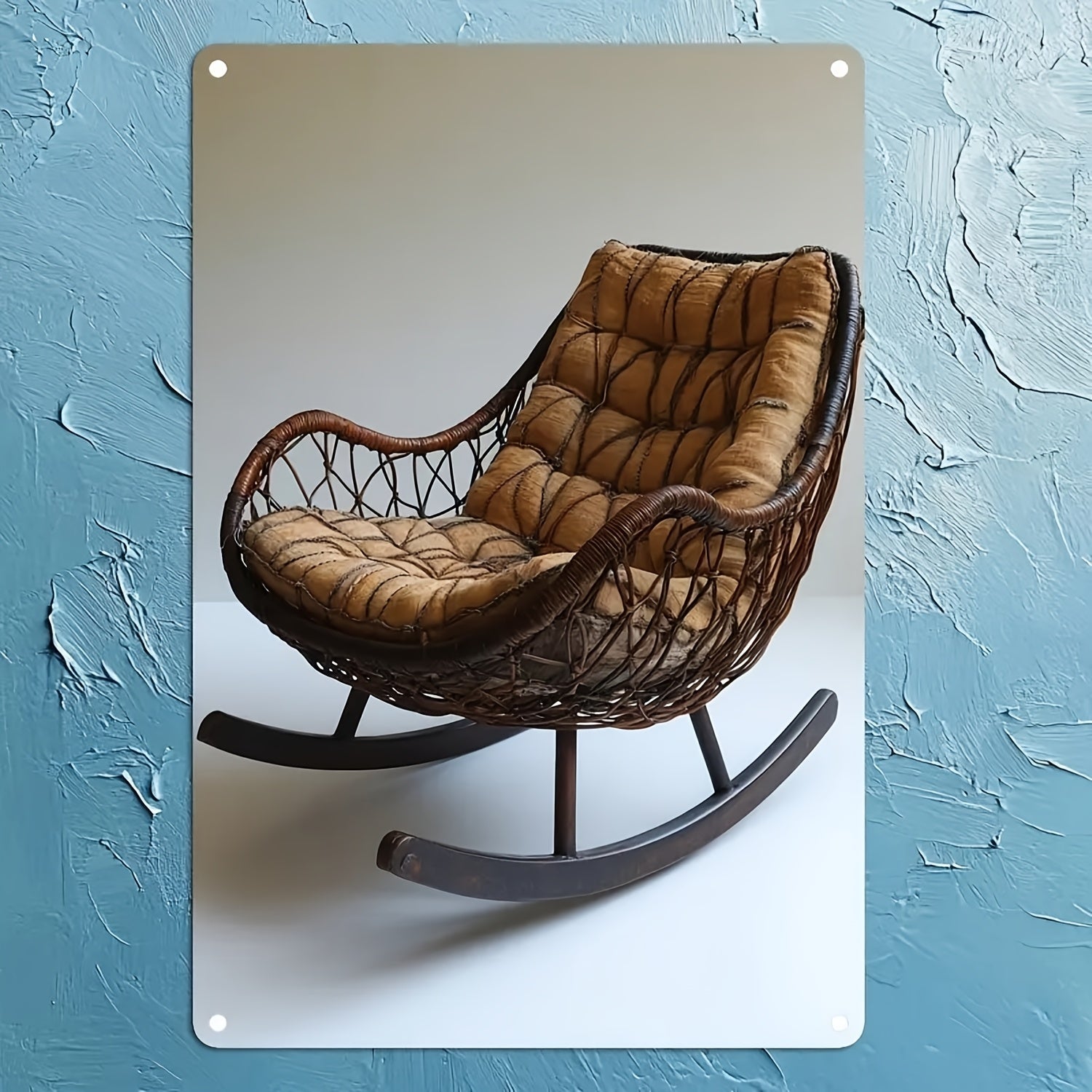 Metal and Rattan Wall Decor Rocking Chair Artwork with Upholstery and Wooden Legs