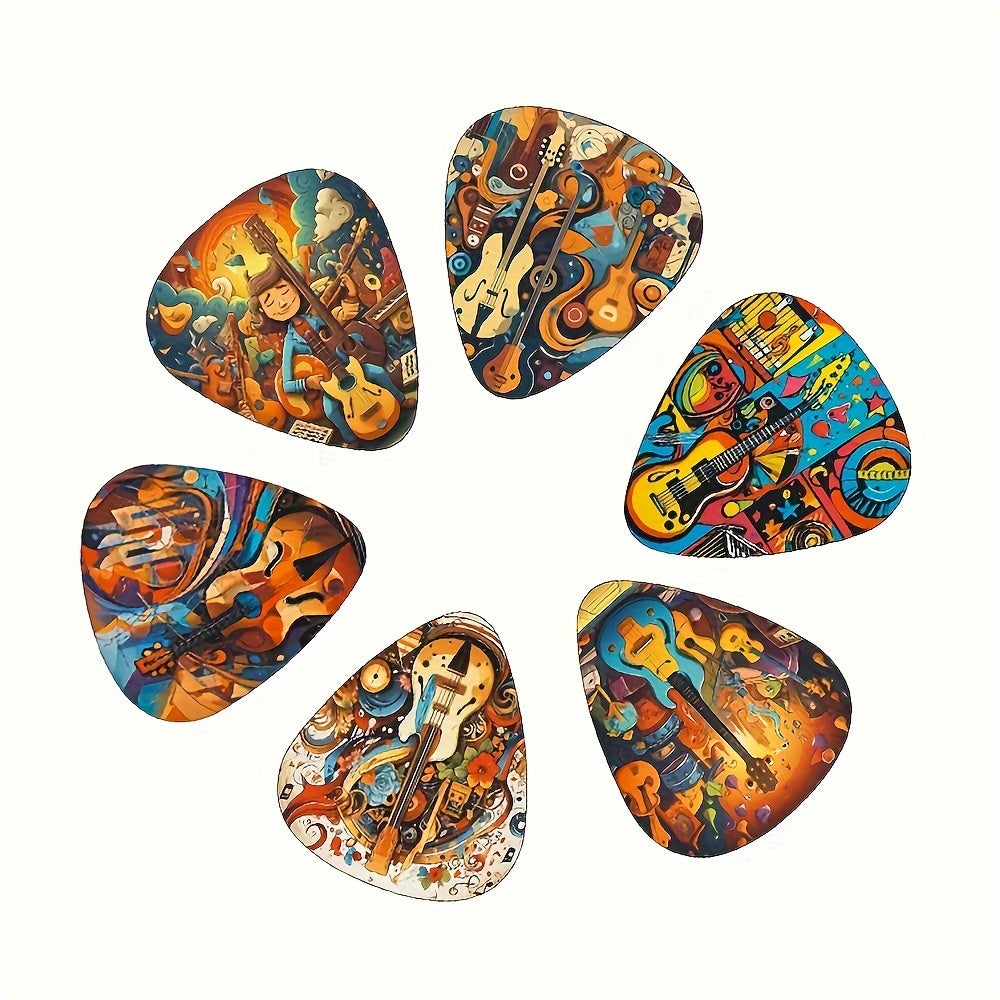 12-Piece Guitar Picks Set with Painted Cartoon Music Theme Designs