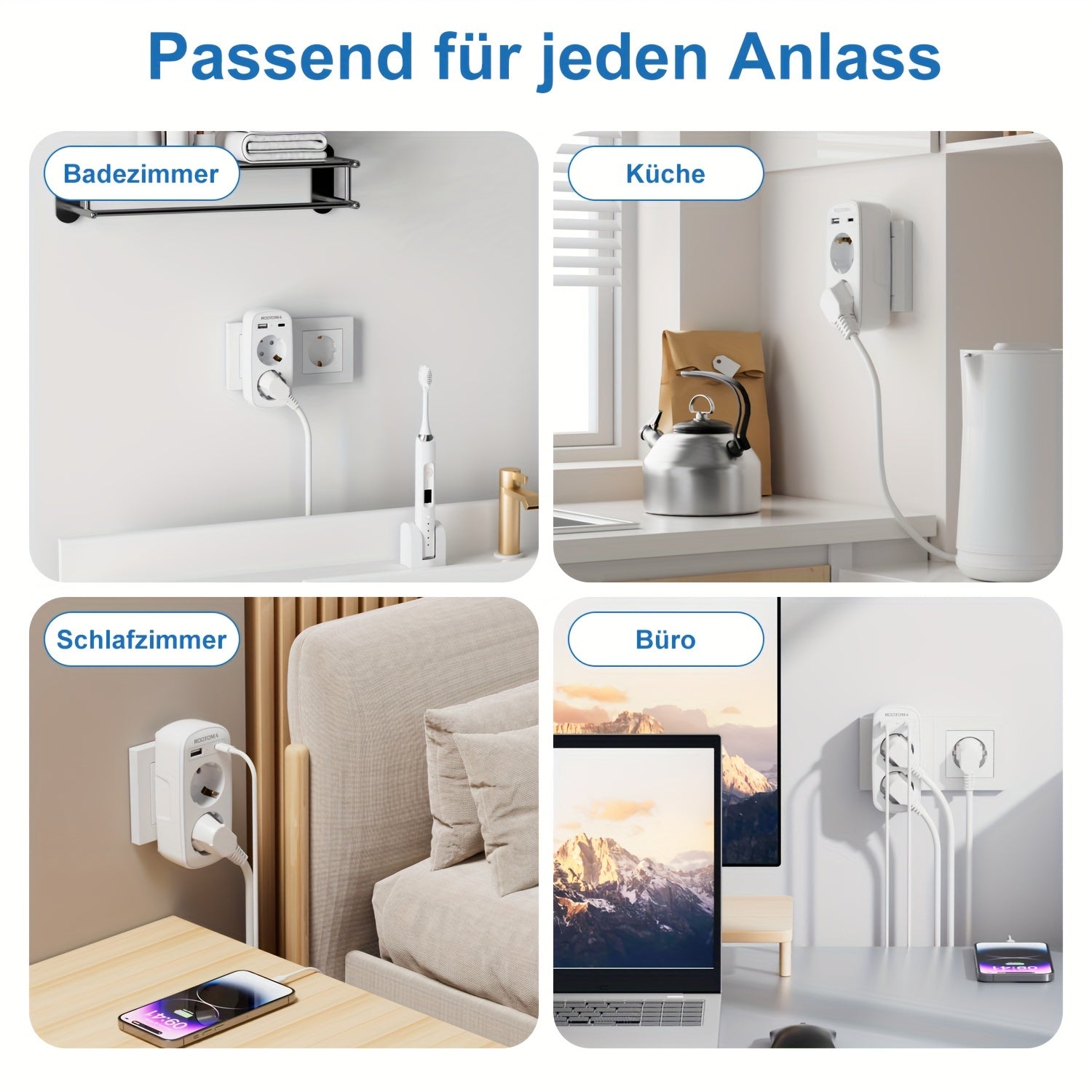 ROOTOMA USB bilan ikki rozetka uchun, uy ofisi uchun 4-in-1 kulrang adapter.