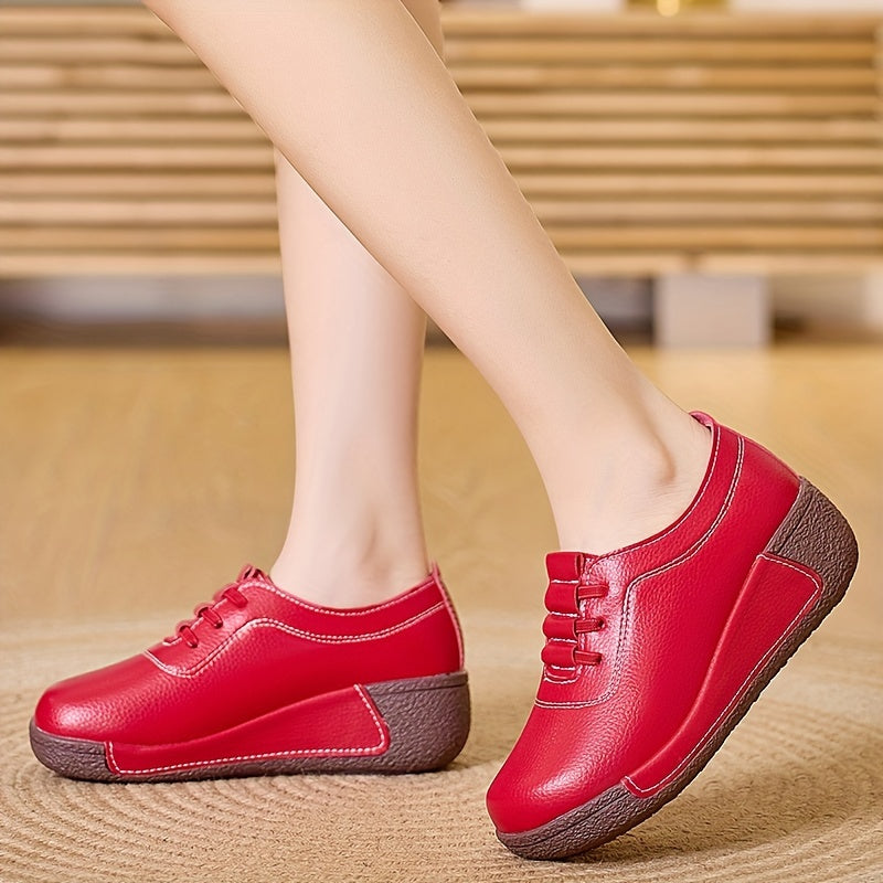 Women's Solid Color Lace-Up Casual Shoes with Soft Sole and Platform