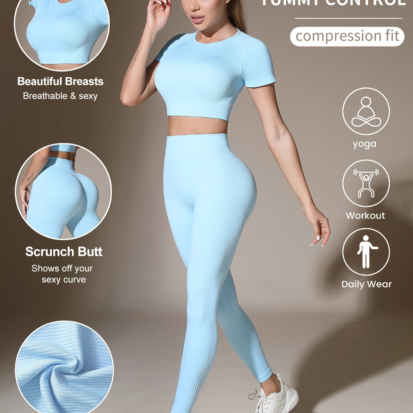 Women's Activewear Set for Workout and Running Breathable Yoga Top High Waist Leggings Solid Color