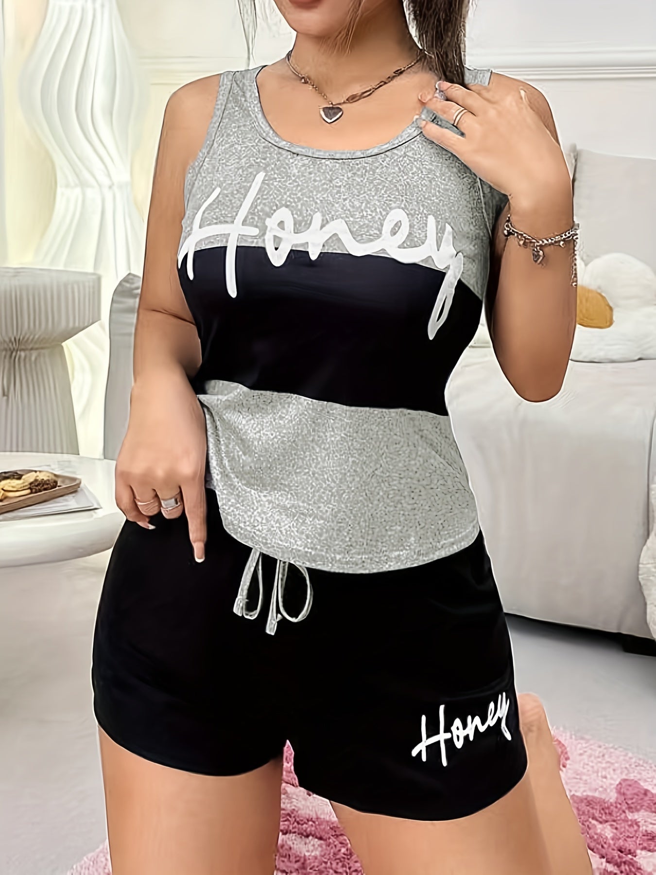 Women's Summer Letter Print Pajama Set Polyester Blend Non-See-Through Lounge Sleepwear with Drawstring Shorts