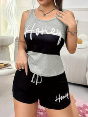 Ayollar uchun tasodifiy harf bosma tank pijama to'plami - qulay polyester aralashmasi, ko'rinmaydigan, yozgi uyqu kiyimlari, tortish belbog'li shortilar bilan