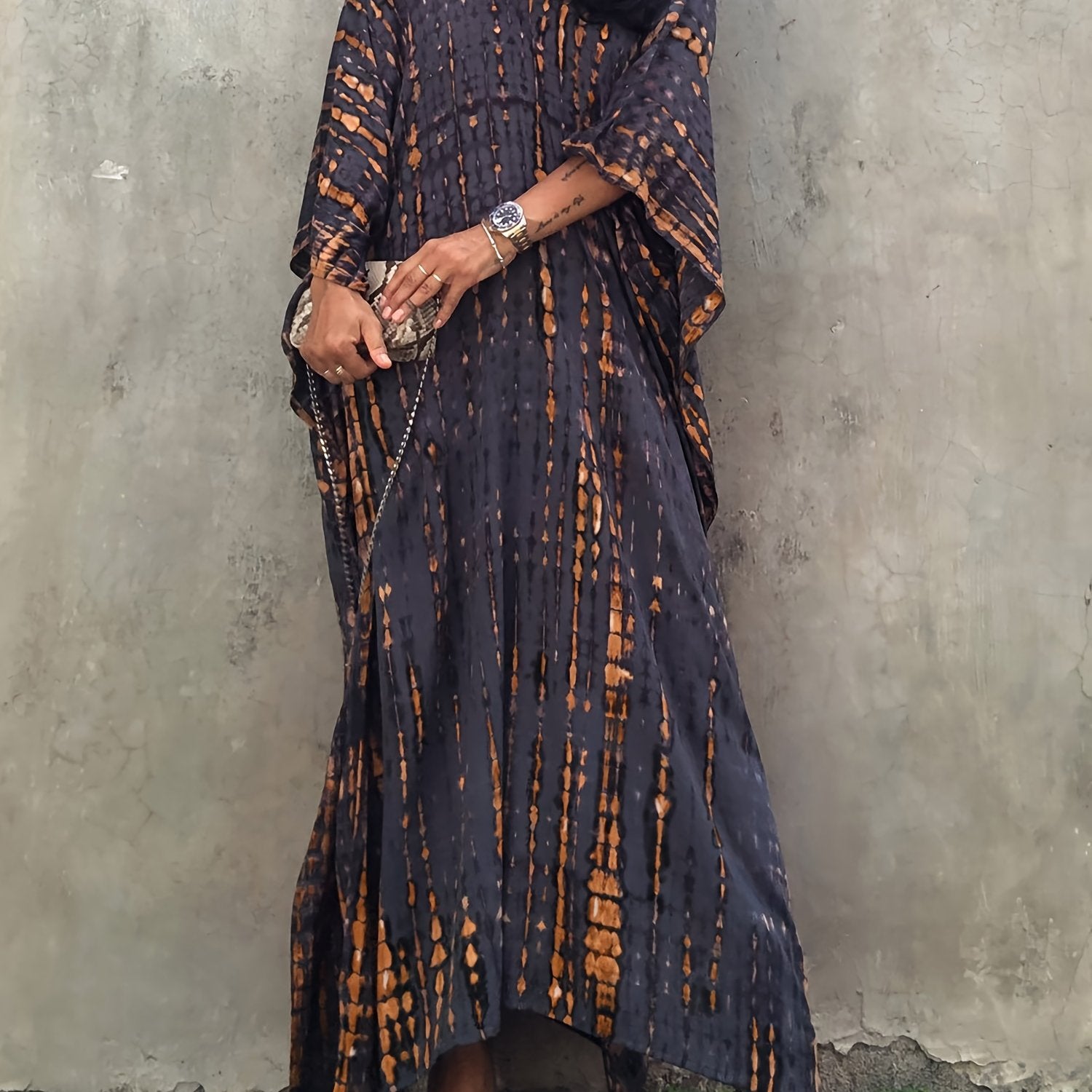 Plus Size Tie Dye Kaftan Dress Casual V Neck Batwing Sleeve