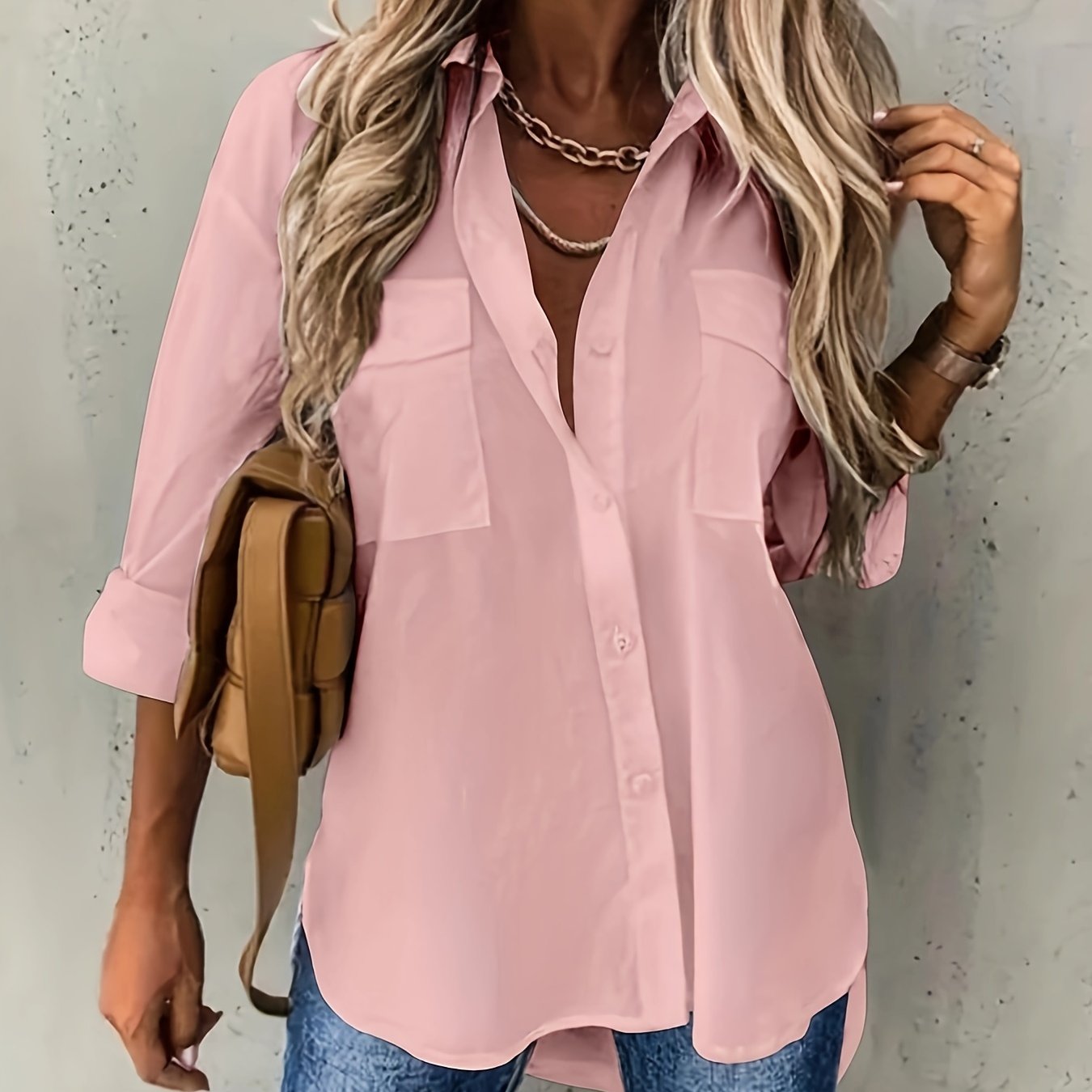 Women's Plus Size Casual Cotton Blend Blouse with Solid Color Long Sleeves and Lapel Collar