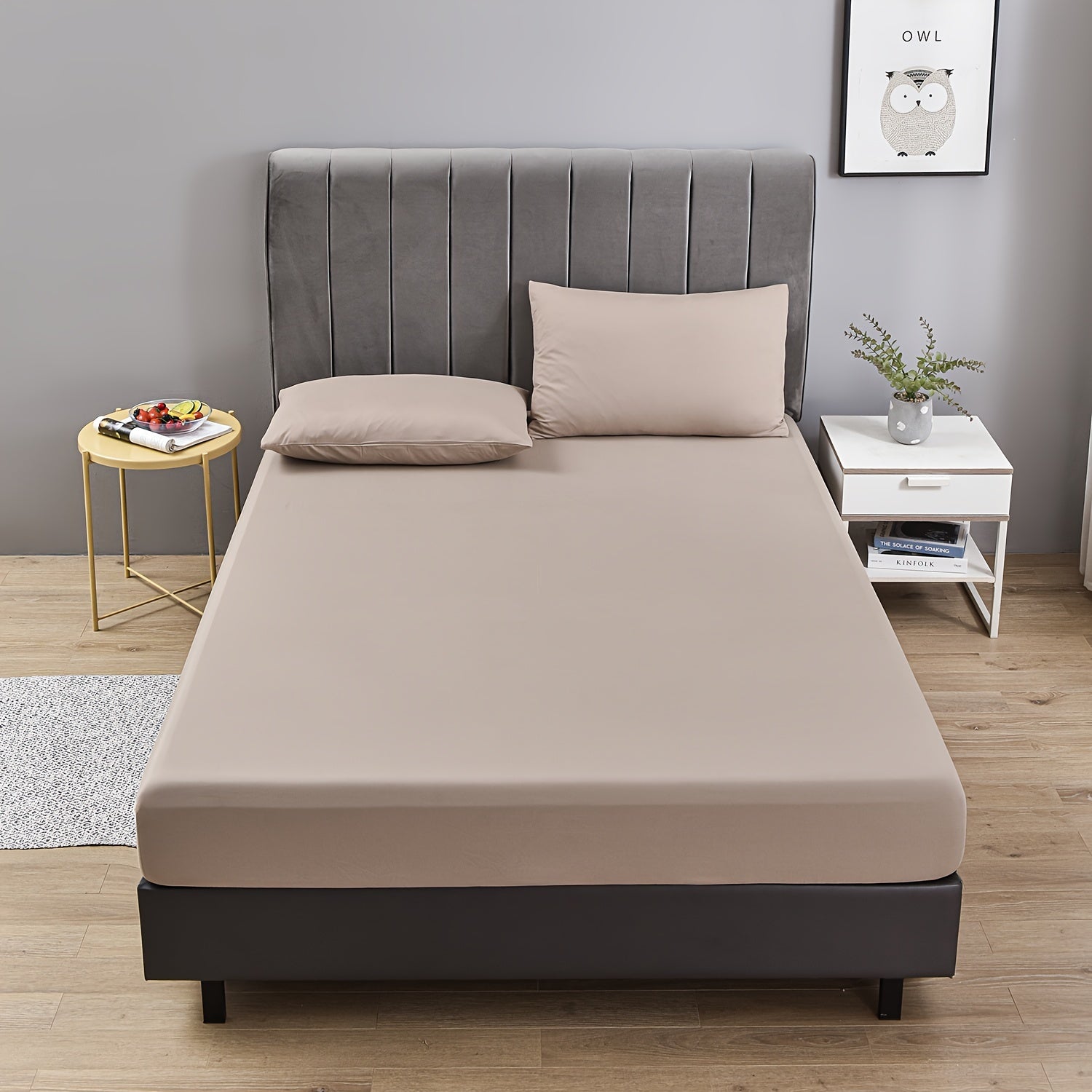 Sábanas ajustables 3 en 1 color beige claro con fundas de almohada, transpirables y suaves para dormitorio y habitación de invitados