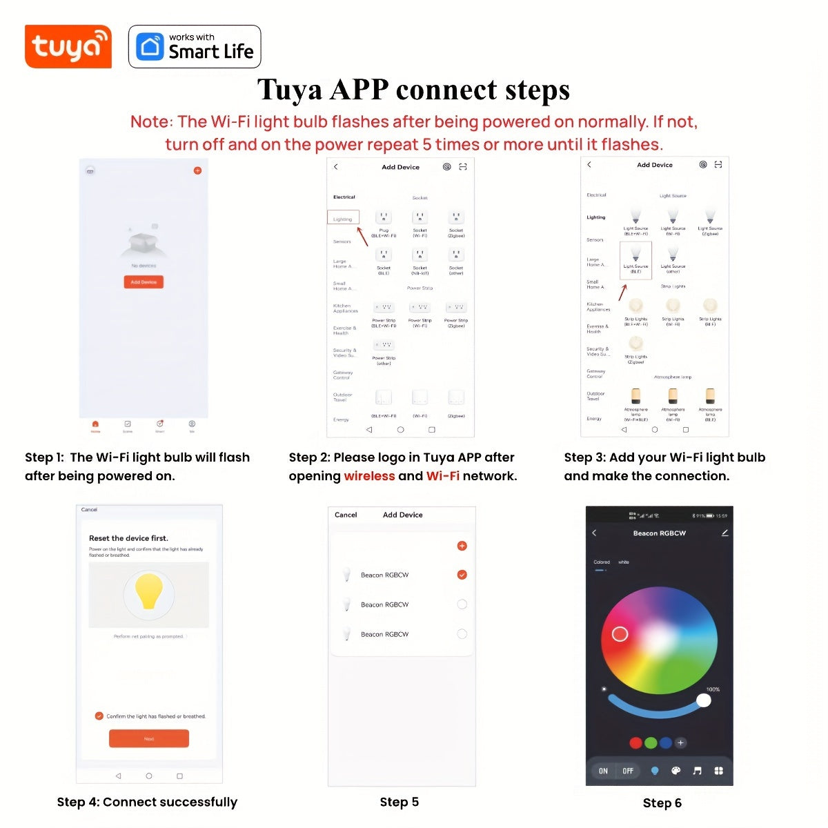 Wi-Fi RGB LED Light Bulb 800LM Dimmable Music Sync White Color Change 4 Pack