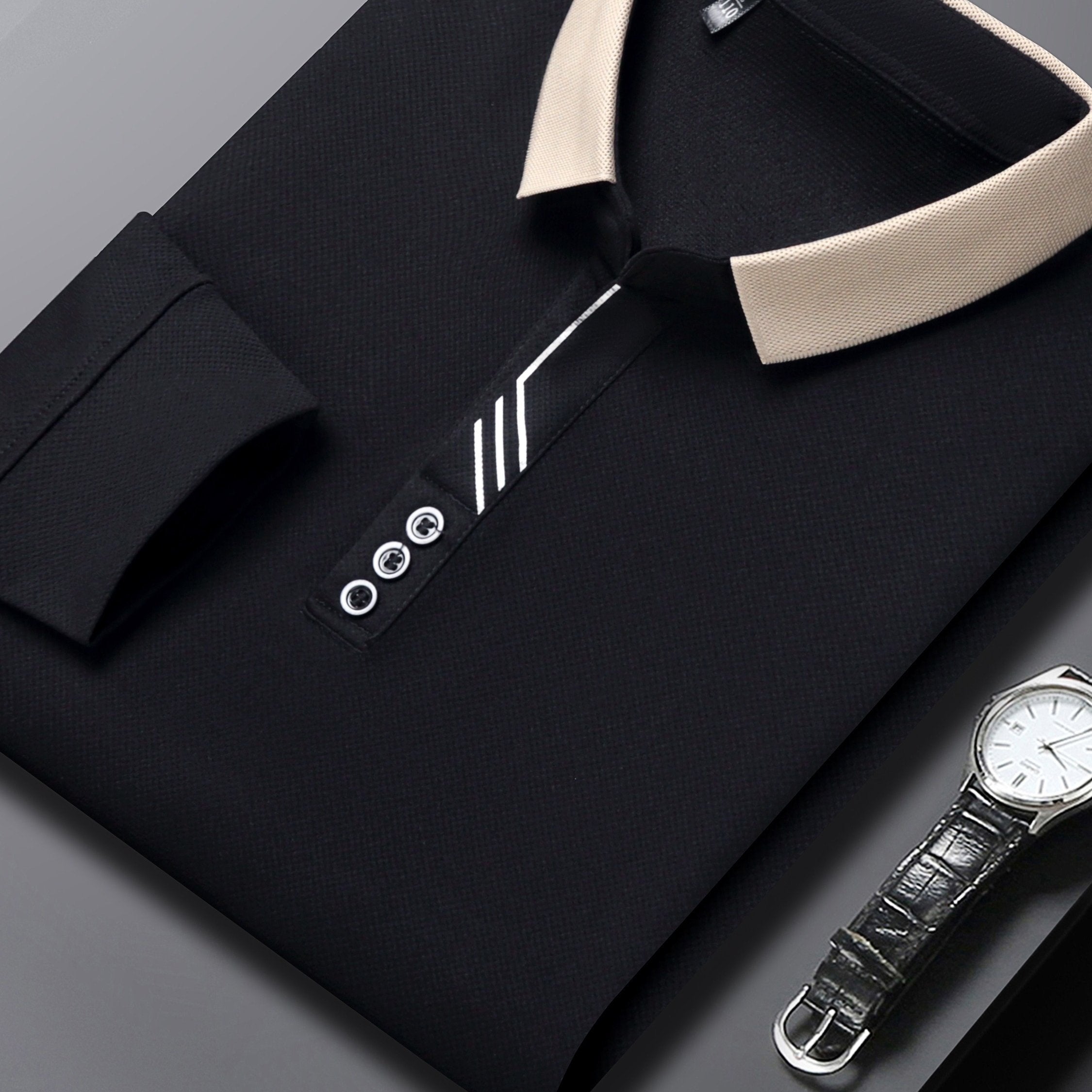 Camisa de golf de manga larga para hombre, punto de poliéster de color sólido, casual, ajuste regular