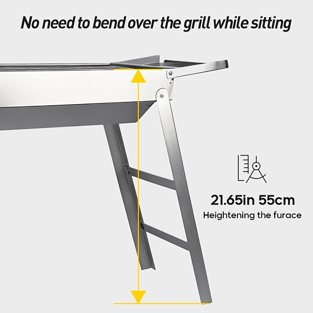 Stainless steeldan tayyorlangan portativ bukadigan barbekü grill, 23.62 dyuymli grill va ikki eshikli ziravorlar uchun idish. Qora saqlash sumkasi bilan ta'minlangan, ochiq havoda barbekü uchun 2-3 kishi uchun mos.