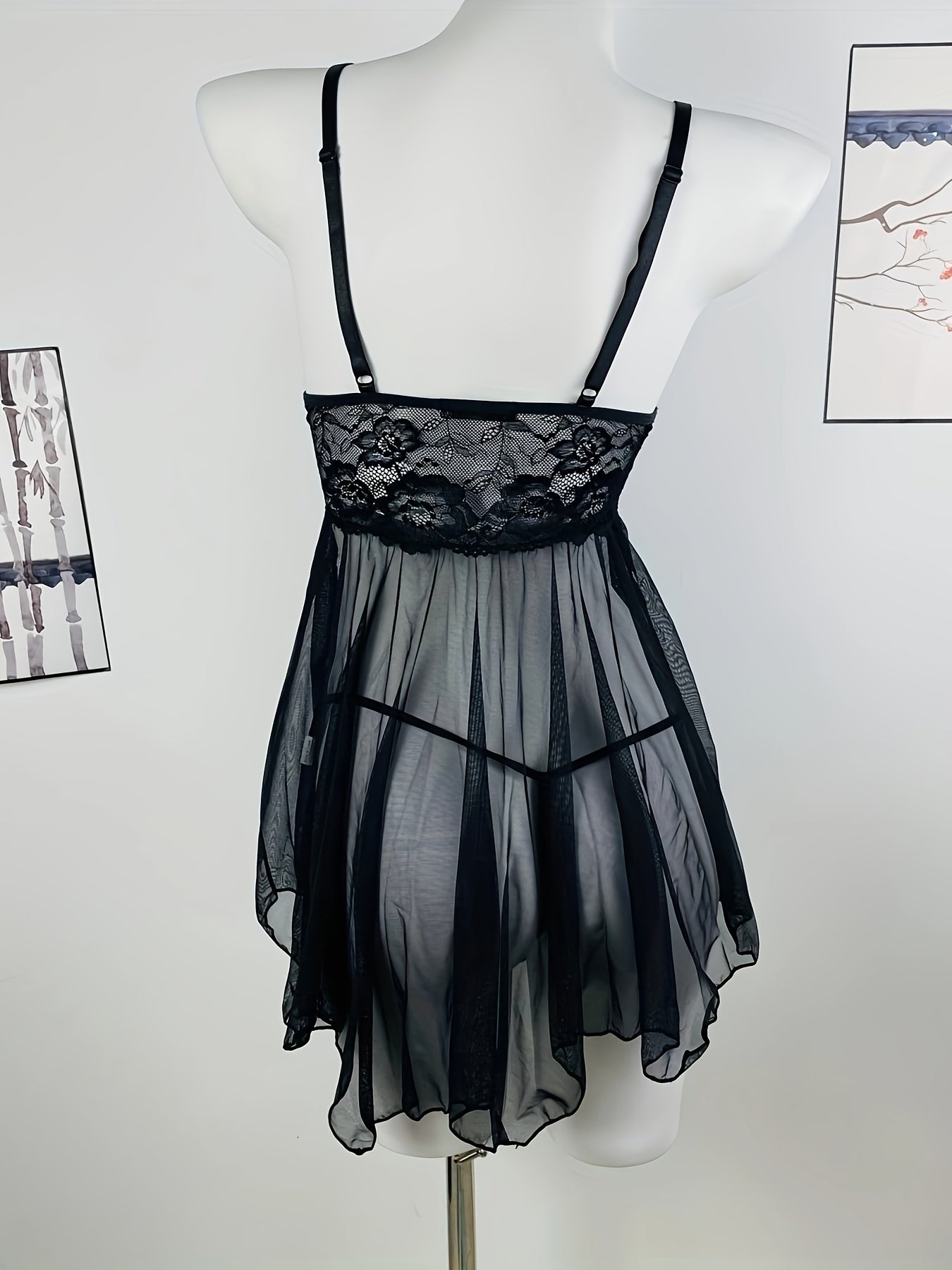 Набор нижнего белья с кружевной отделкой в стиле бэби-долл с thong, ночная сорочка из сетки с кружевными деталями, легкая поддержка, однотонный цвет, женская ночная одежда.