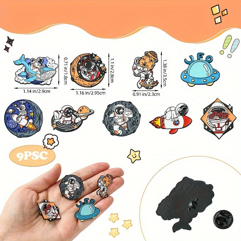 9 ta kosmik mavzudagi astronavt emal pinlari, sumkalar, shapka, kurtka uchun alloy broshlar to'plami