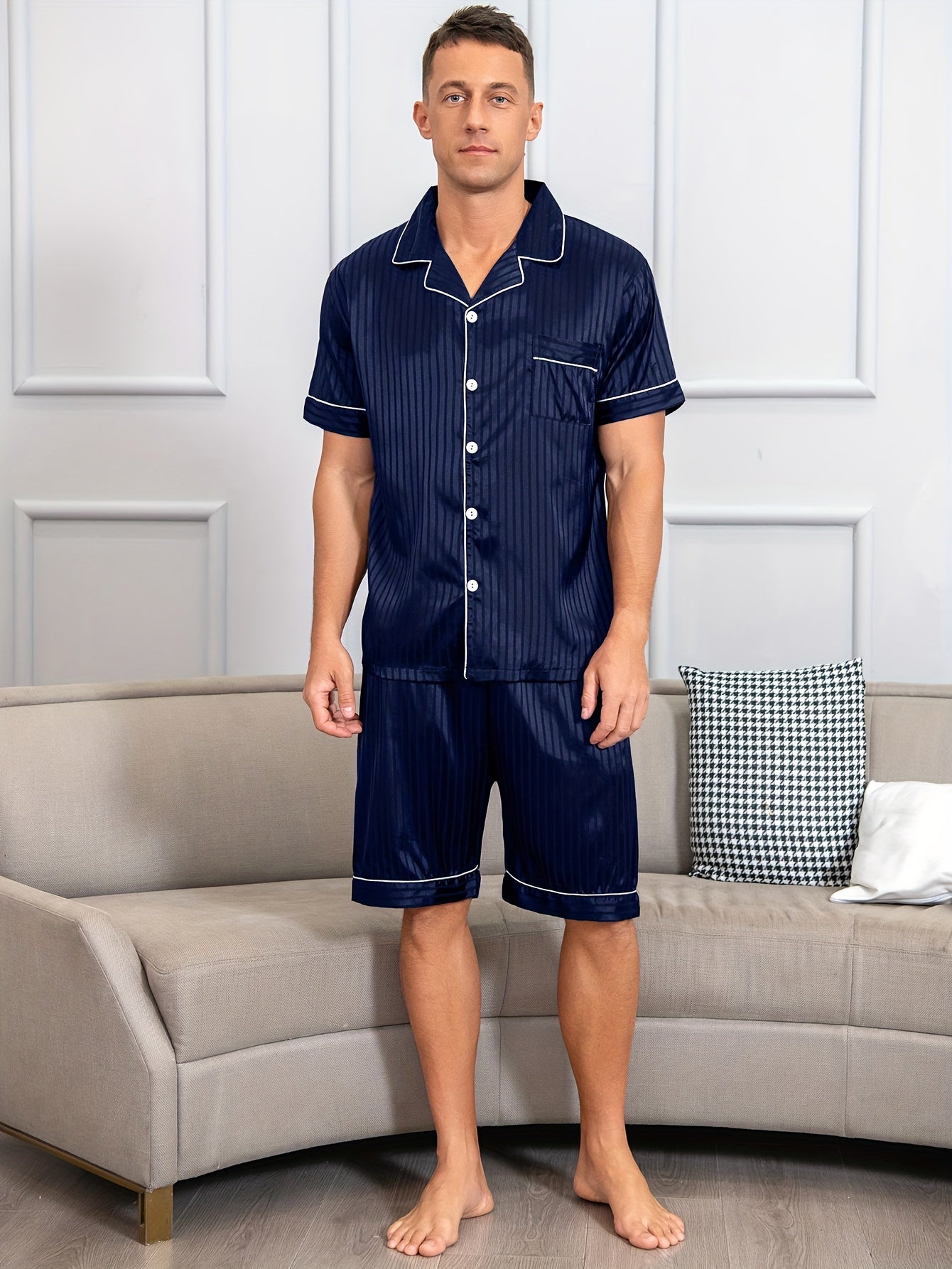 Men's Reversible Collar Summer Pajama Set with Silky Breathable Fabric