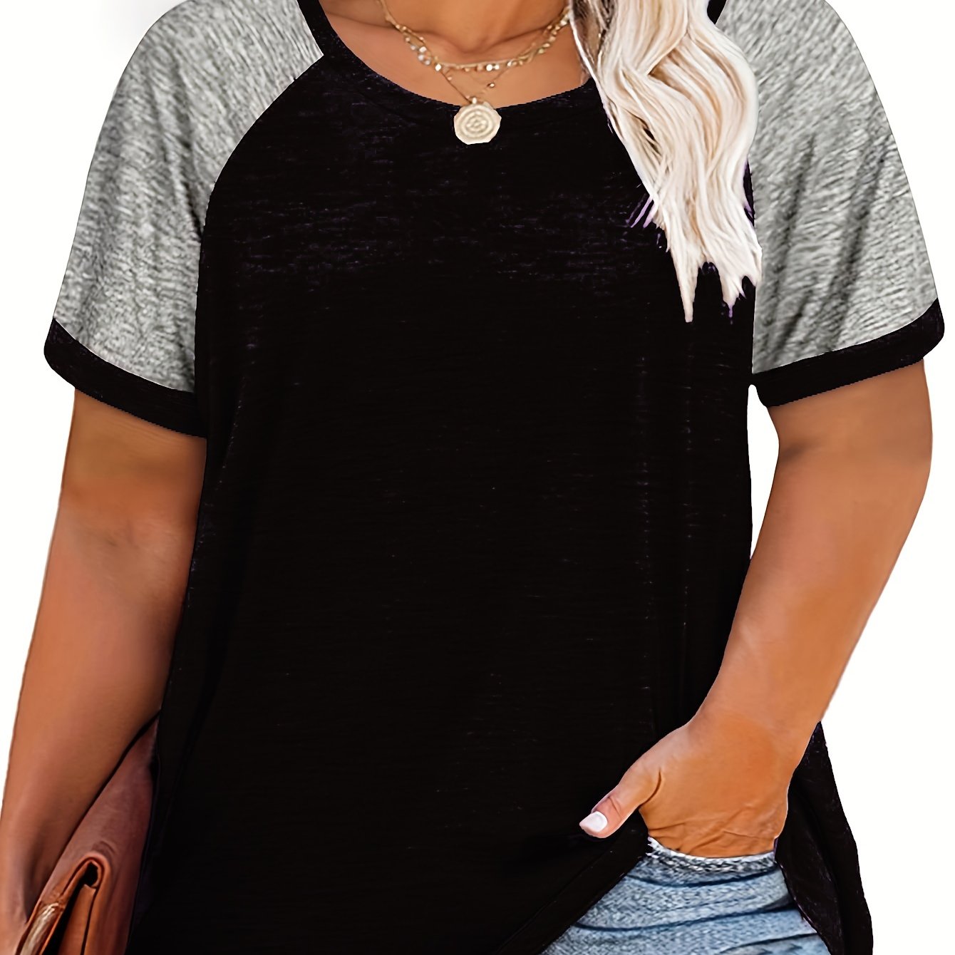 Plus Size Women's Summer Casual Raglan Color Block T-Shirt Soft Breathable Tee