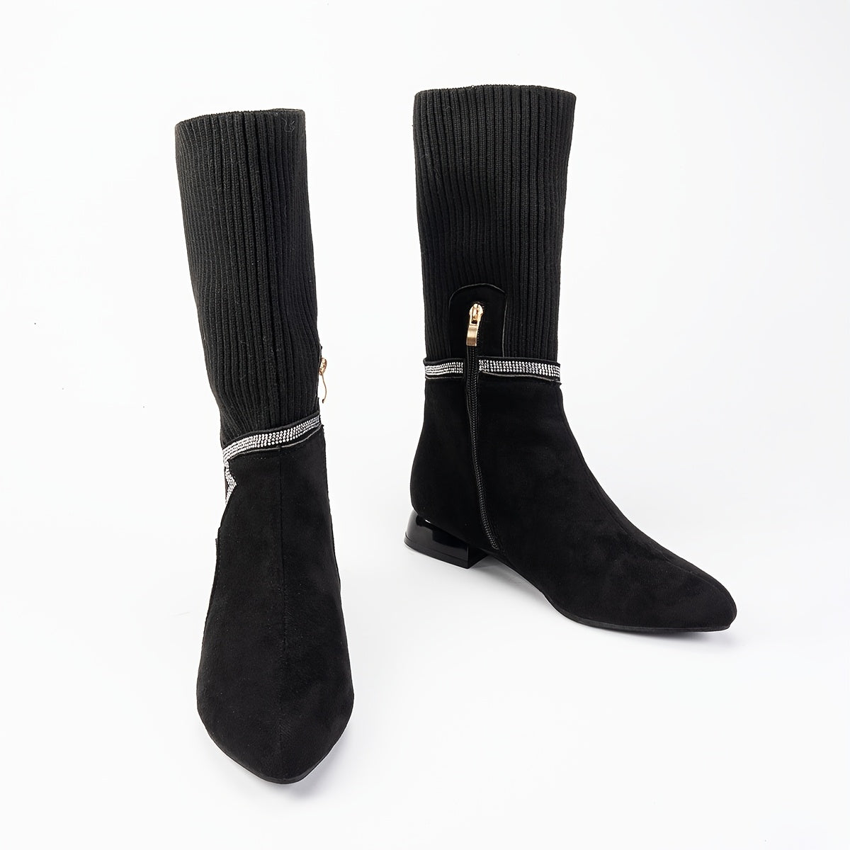 Женские короткие вязанные сапоги однотонного цвета с молнией и низким каблуком