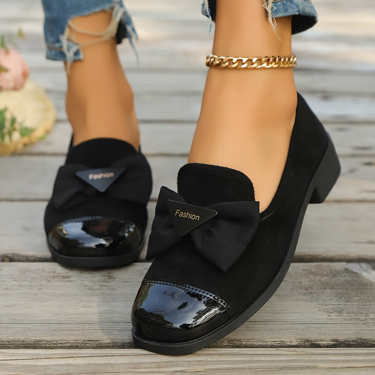 Women's Black Bowknot Loafers Retro British Style Flats Chunky Heel