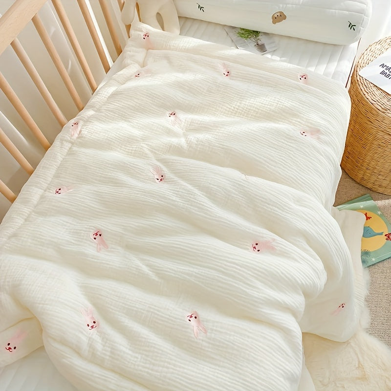 Kids' Soft Cream-Colored Quilt with Embroidered Bear and Rabbit for All Year Use
