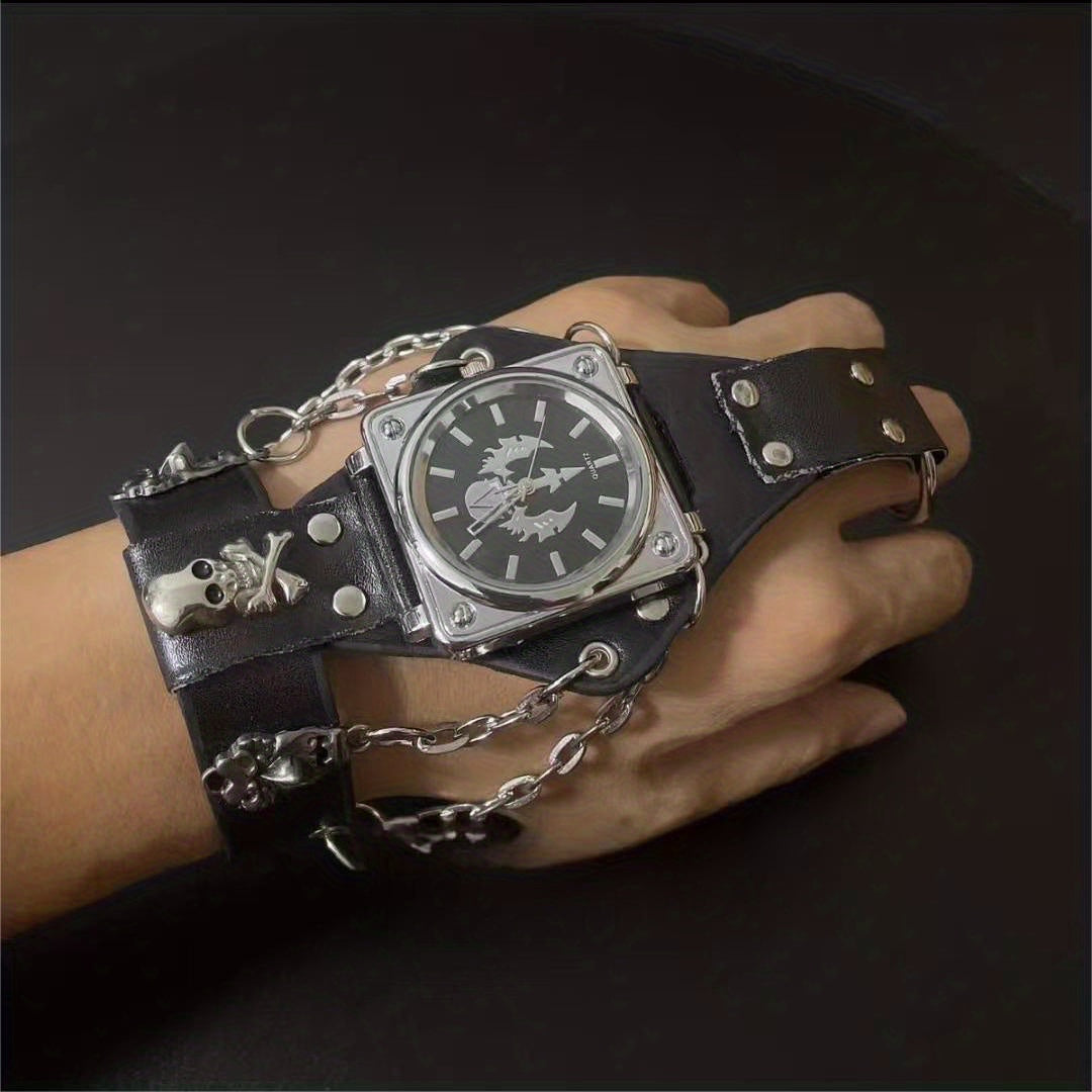 Gothic Punk Anime Skull Square Quartz Watch with Leather Bracelet for Halloween