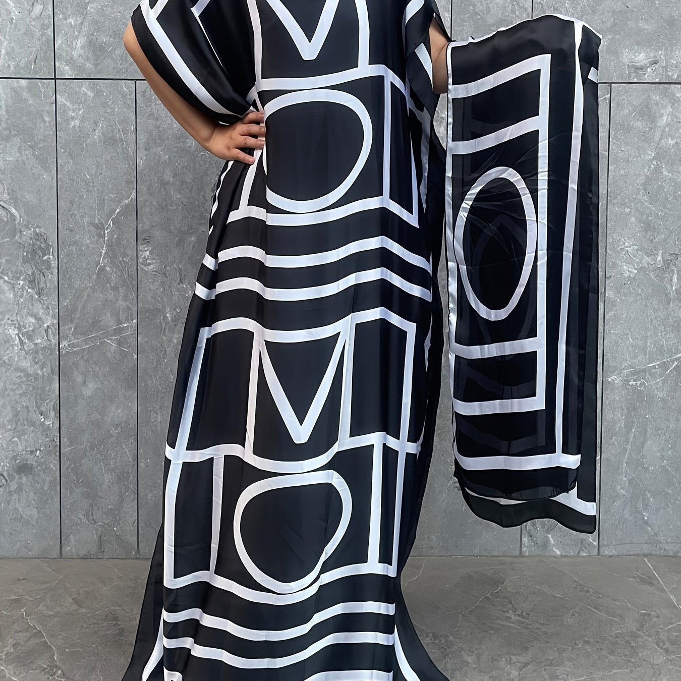 Plus o'lcham ayollar uchun maxi kaftan kiyi batwing qo'lqopli yorqin bosma